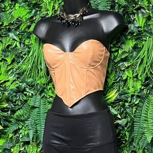 Boohoo Top Womens Size 2 Camel Tan Faux Leather Corset  Zip Back Sweetheart 3730